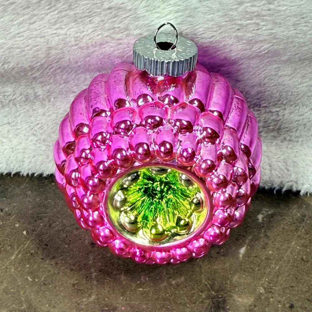 Christopher Radko Shiny Brite Ornament Small Pink Green Reflector Vintage‎